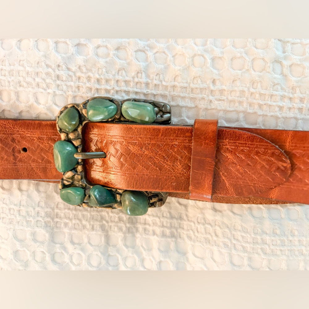 Express Brown Genuine Leather Belt with Teal Green Stone Buckle Size Small